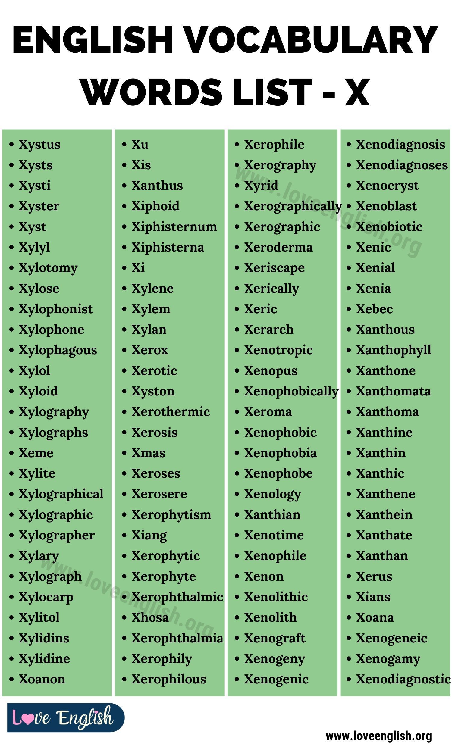 Words that Start with X List of 115 Words Beginning with Letter X in