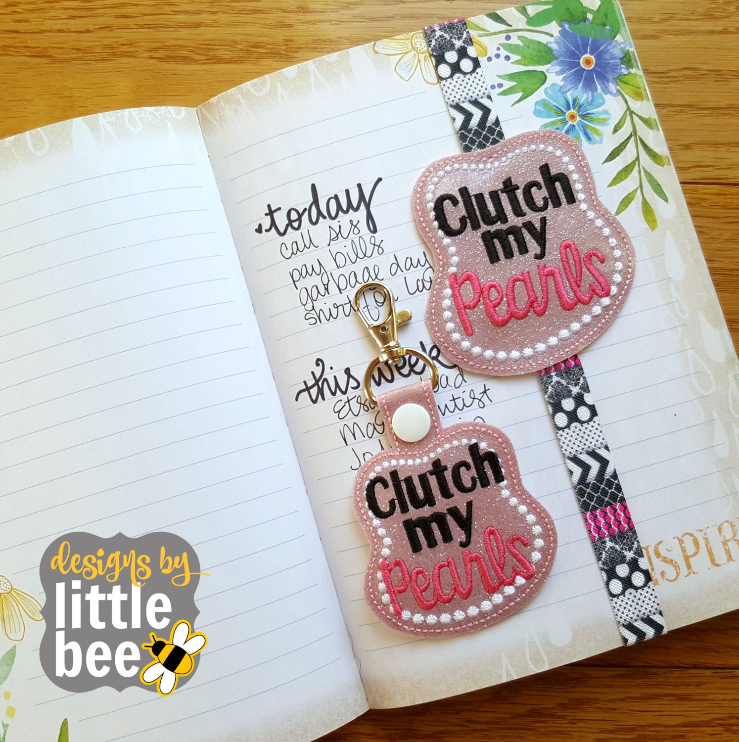 Clutch My Pearls SET Snap Tab & Book, Planner Band, SEWN IN Bookmark