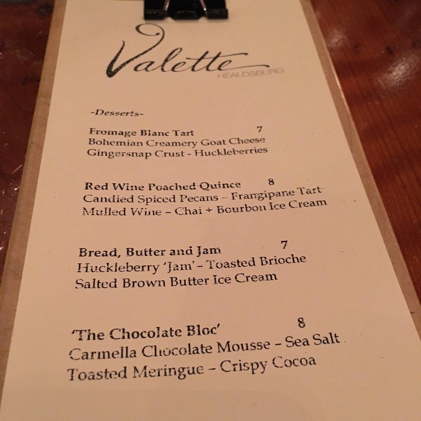 Menu at Valette steakhouse, Healdsburg