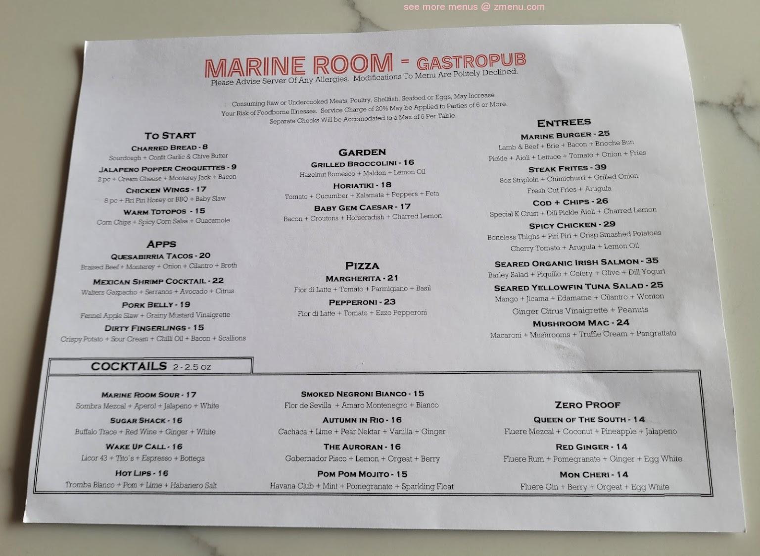 Online Menu of Marine Room Gastropub Restaurant, Innisfil, Ontario, L9S